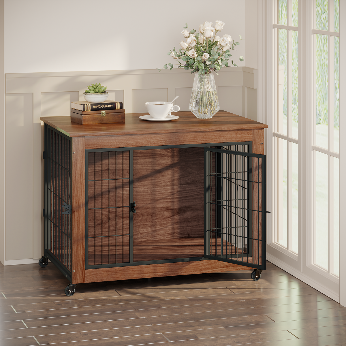 Dog crate end table by a window with the front door open