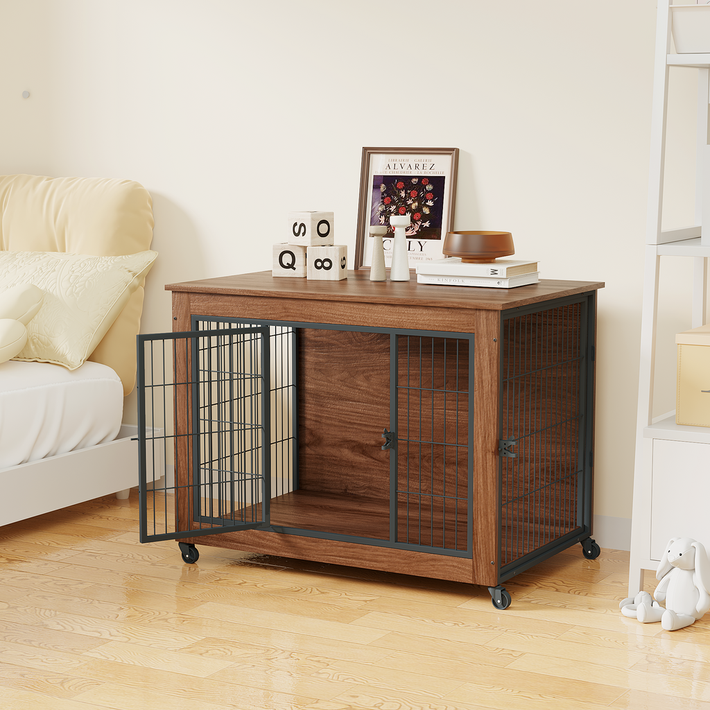 Dog crate end table next to a bed with the front door open