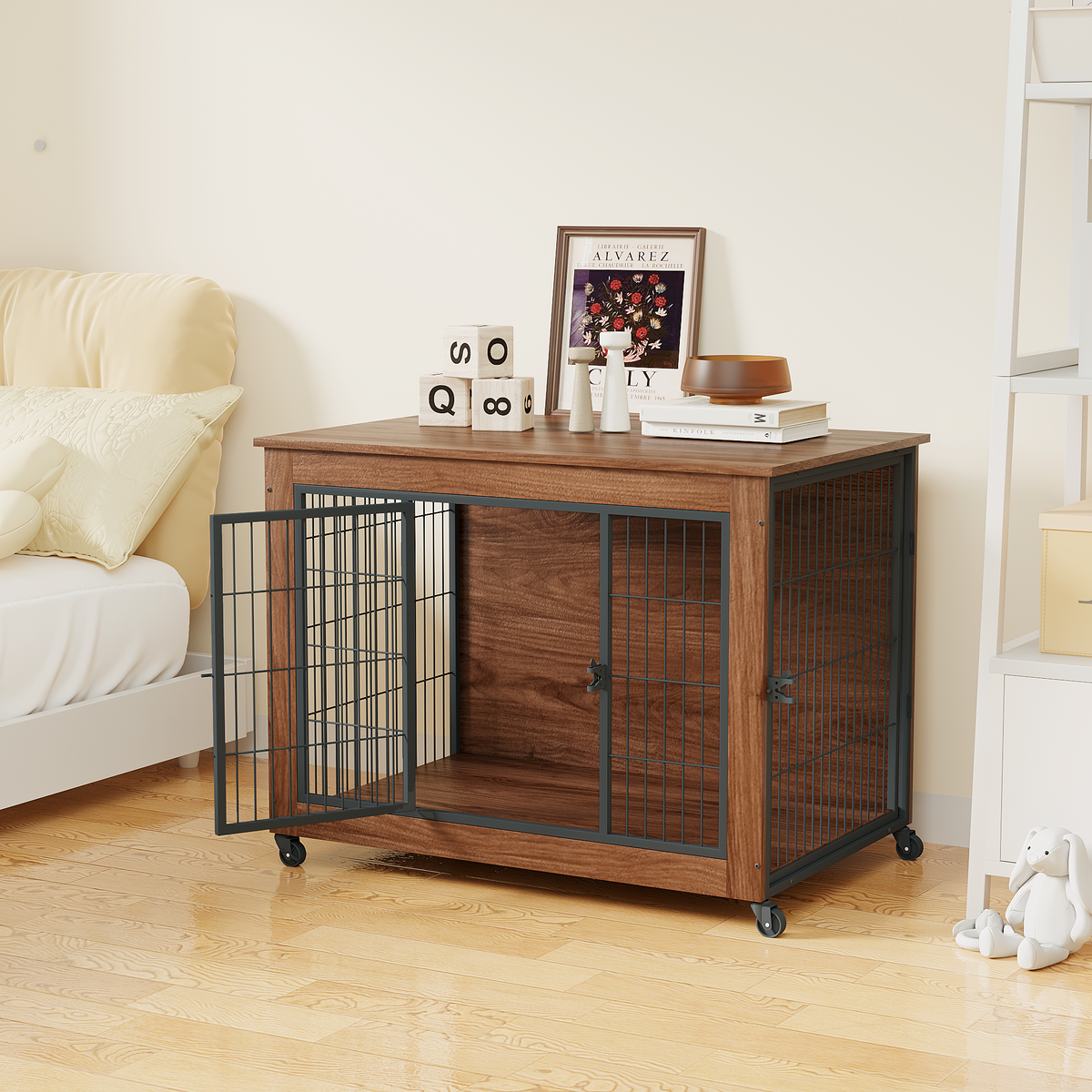 Dog crate end table next to a bed with the front door open