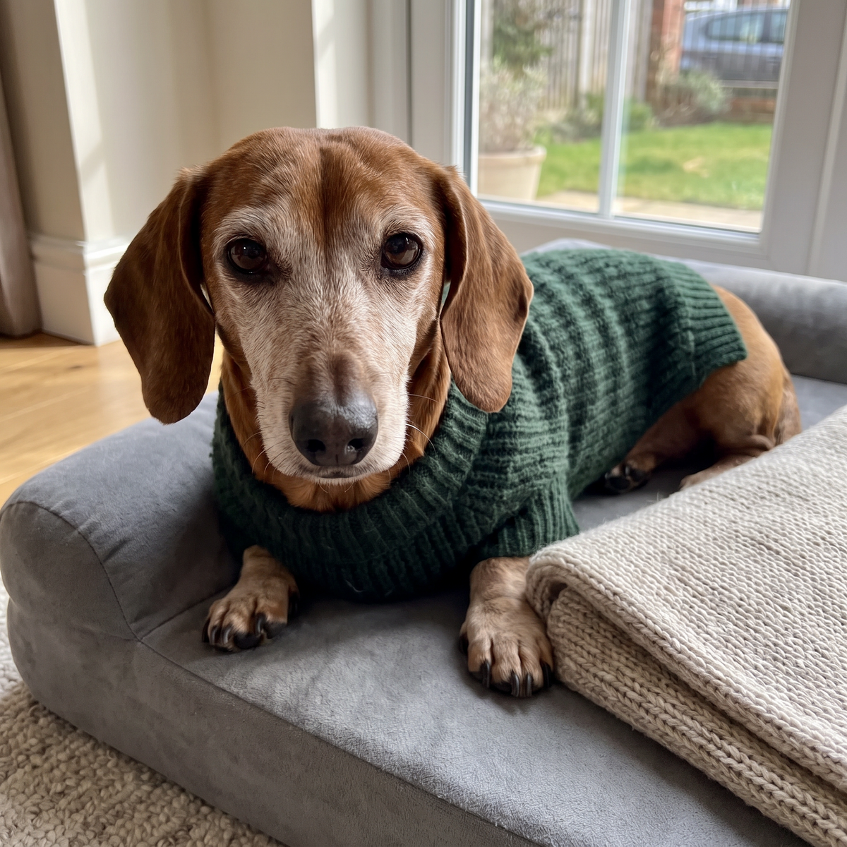 Earl, our brand mascot, resting on a grey dog bed by the window