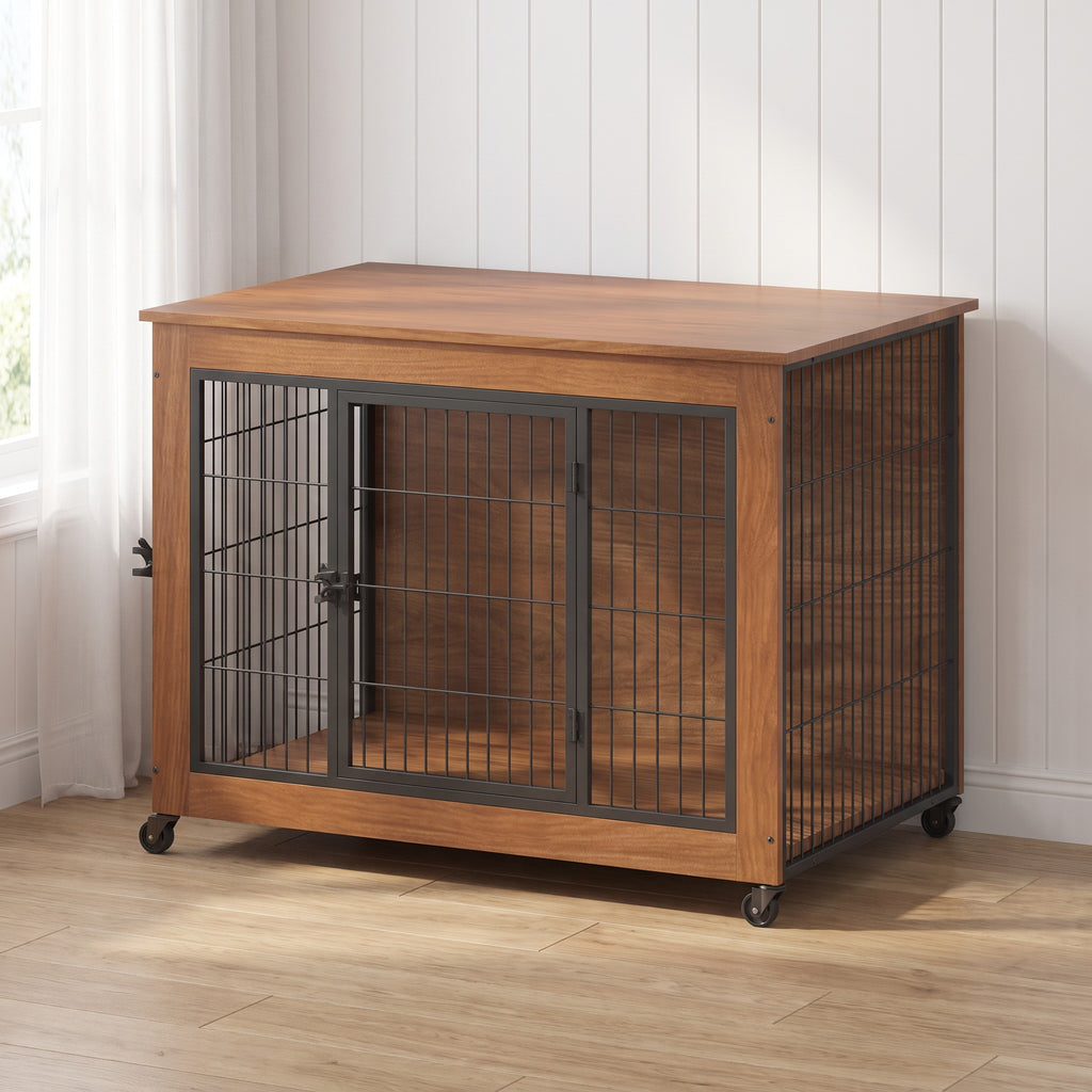 Dog crate end table in brown with the front and side doors closed, in a bright living room