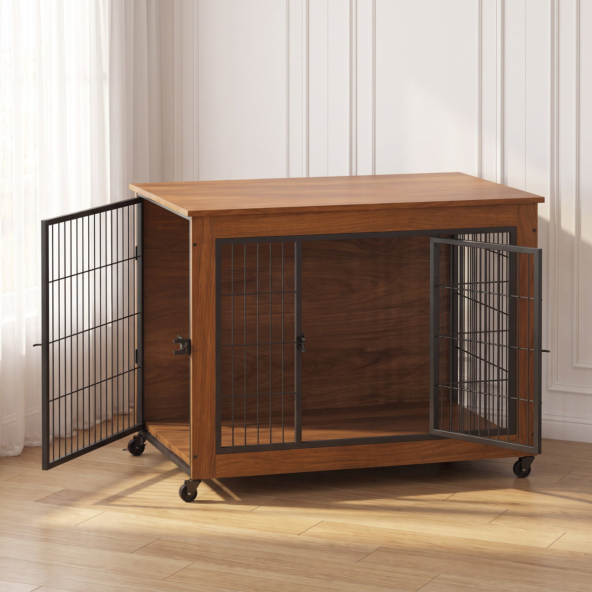 Dog crate end table with the front and side doors open, in a bright living room
