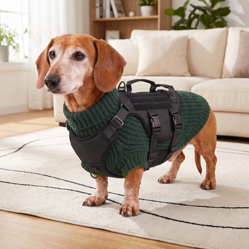 Earl, our brand mascot, a senior dachshund in a green sweater, wearing the black two-handle harness over it in a living room