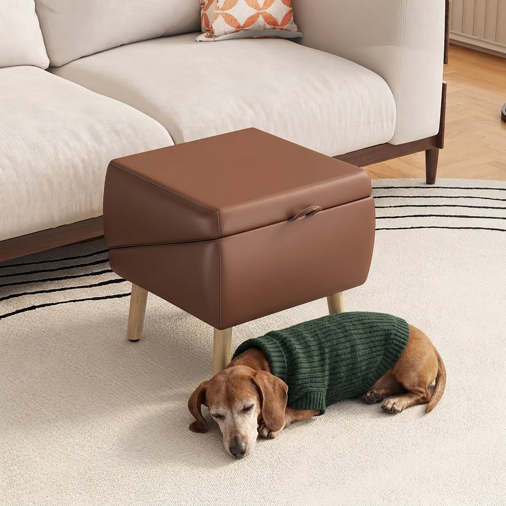 The ramp closed as an ottoman by the couch, with Earl, our brand mascot, napping on the rug
