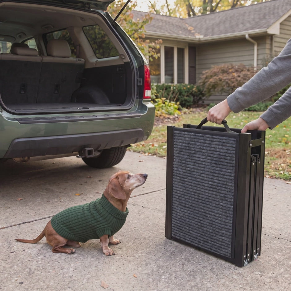 Hands unfold the dog car ramp at an SUV, and Earl, our brand mascot, walks up it